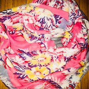 ÉPICE Square Silk Floral Scarf Grey + Coral Multi